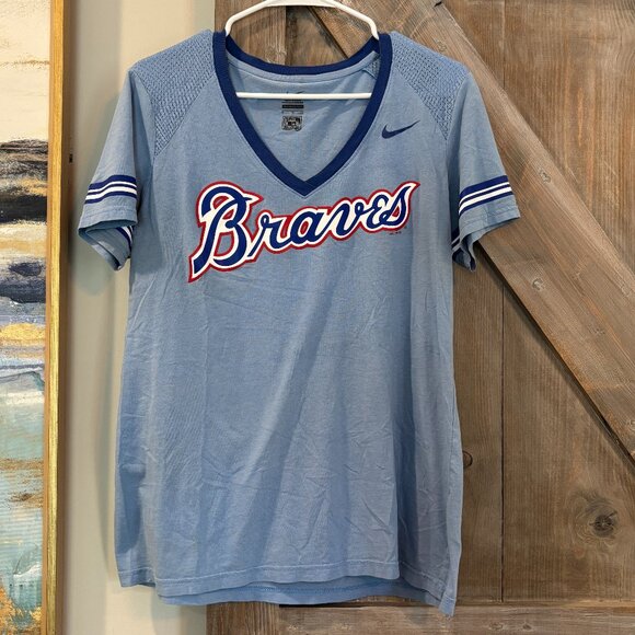 Nike Atlanta Braves Cooperstown Collection Women’s V-Neck Tee XL Light Blue - Picture 1 of 6